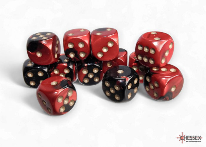 CHESSEX: GEMINI 16MM D6 BLACK-RED/GOLD DICE BLOCK (12 DICE)