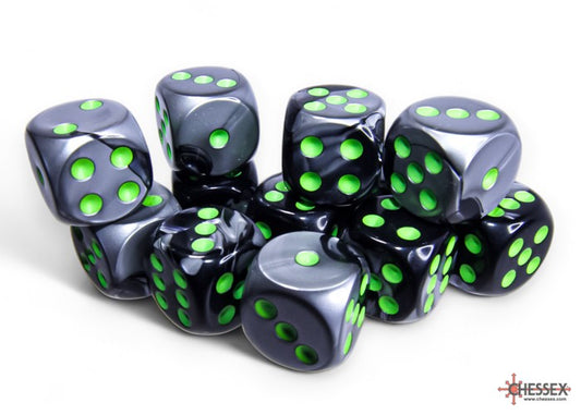 CHESSEX: GEMINI 16MM D6 BLACK-GREY/GREEN DICE BLOCK (12 DICE)