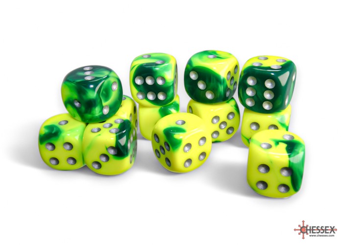 CHESSEX: GEMINI 16MM D6 GREEN-YELLOW/SILVER DICE BLOCK (12 DICE)