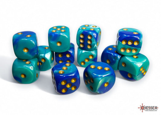 CHESSEX: GEMINI 16MM D6 BLUE-TEAL/GOLD DICE BLOCK (12 DICE)