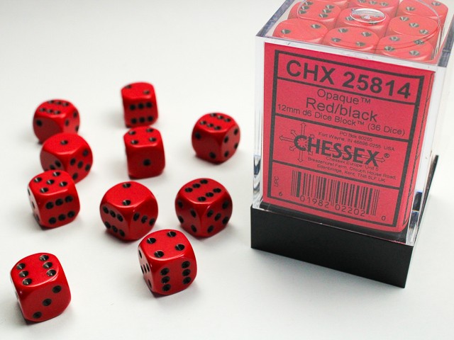 CHESSEX: OPAQUE 12MM D6 RED/BLACK DICE BLOCK (36 DICE)