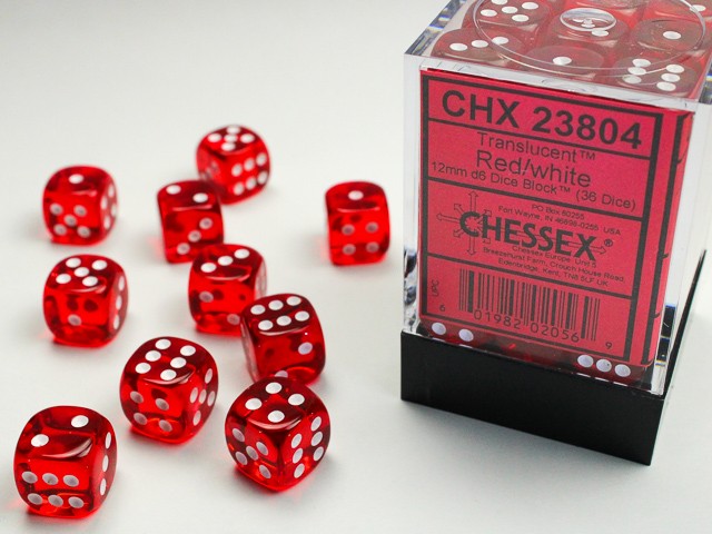 CHESSEX: TRANSLUCENT 12MM D6 RED/WHITE DICE BLOCK (36 DICE)