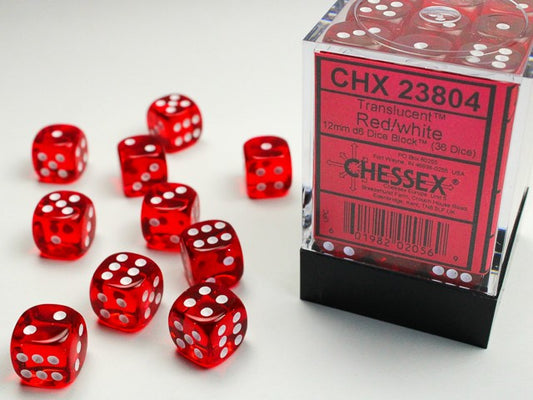 CHESSEX: TRANSLUCENT 12MM D6 RED/WHITE DICE BLOCK (36 DICE)