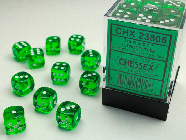 CHESSEX: TRANSLUCENT 12MM D6 GREEN/WHITE DICE BLOCK (36 DICE)