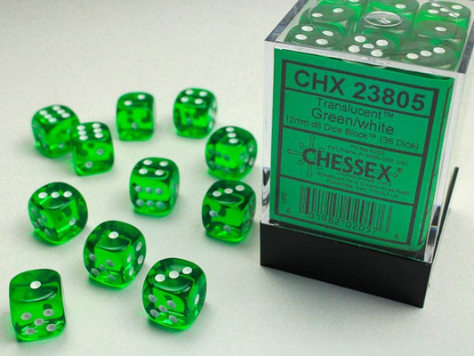 CHESSEX: TRANSLUCENT 12MM D6 GREEN/WHITE DICE BLOCK (36 DICE)
