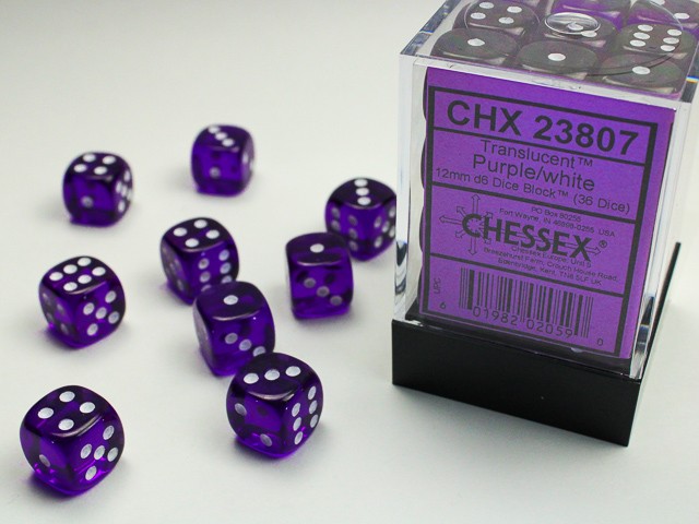 CHESSEX: TRANSLUCENT 12MM D6 PURPLE/WHITE DICE BLOCK (36 DICE)