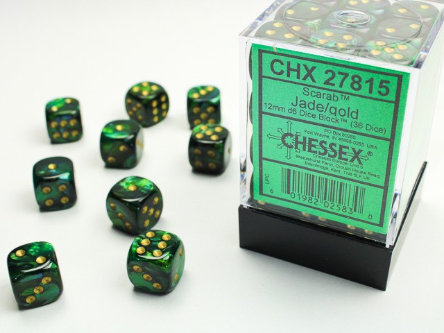 CHESSEX: SCARAB 12MM D6 JADE/GOLD DICE BLOCK (36 DICE)