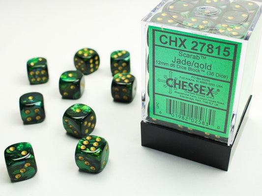 CHESSEX: SCARAB 12MM D6 JADE/GOLD DICE BLOCK (36 DICE)