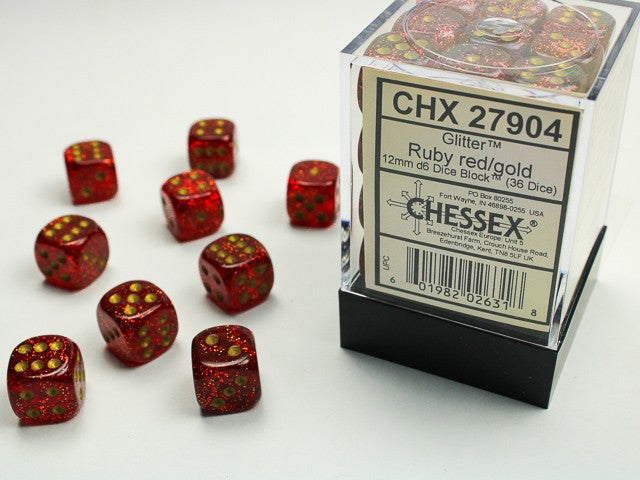 CHESSEX: GLITTER 12MM D6 RUBY/GOLD DICE BLOCK (36 DICE)