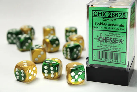 CHESSEX: GEMINI 16MM D6 GOLD-GREEN/WHITE DICE BLOCK (12 DICE)