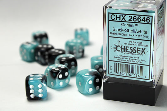 CHESSEX: GEMINI 16MM D6 BLACK-SHELL/WHITE DICE BLOCK (12 DICE)